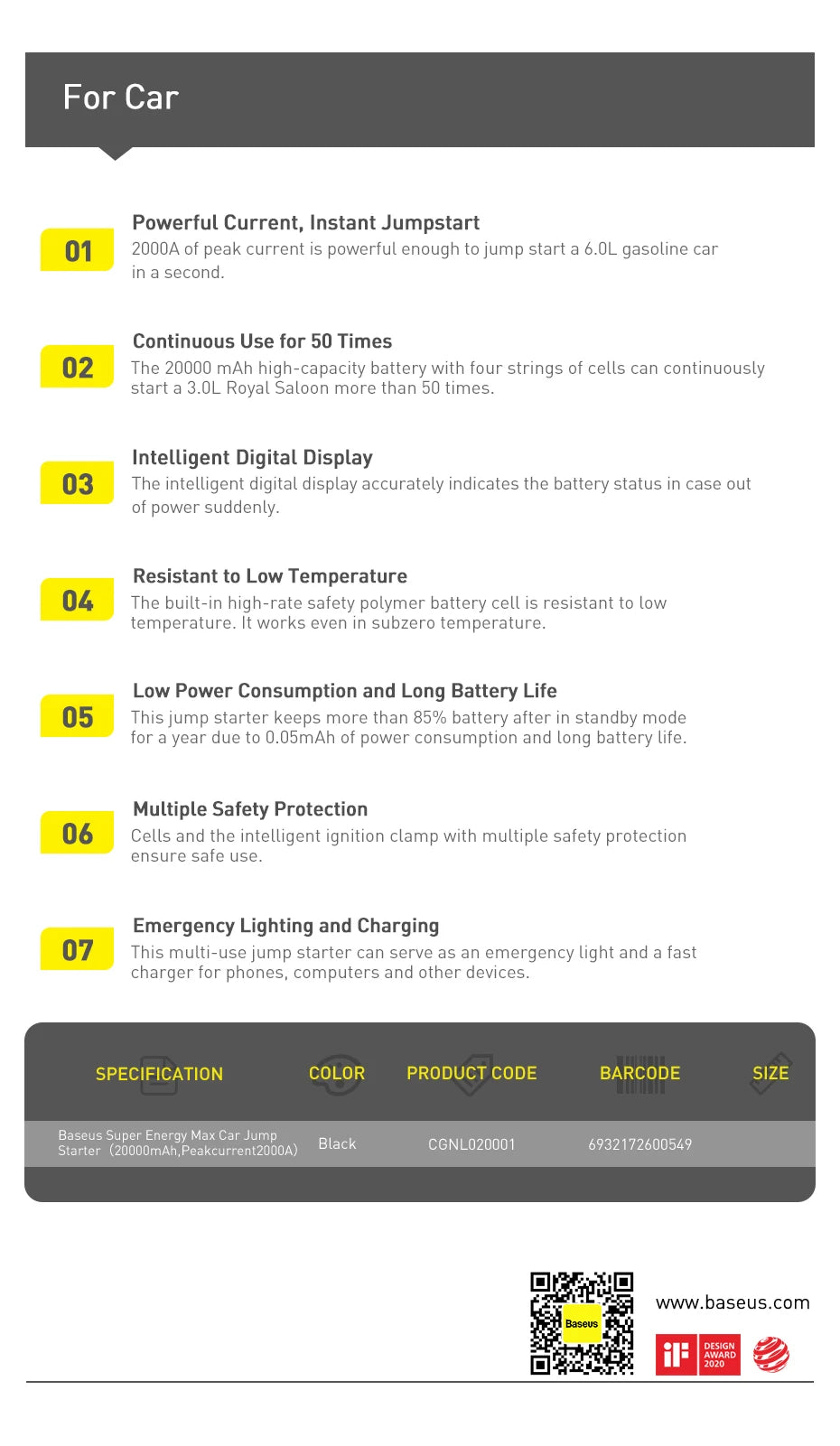 Baseus Car Jump Starter Power Bank 2000A / 1000A 12V Portable Battery Charger Auto 12V Emergency Booster Starting Device