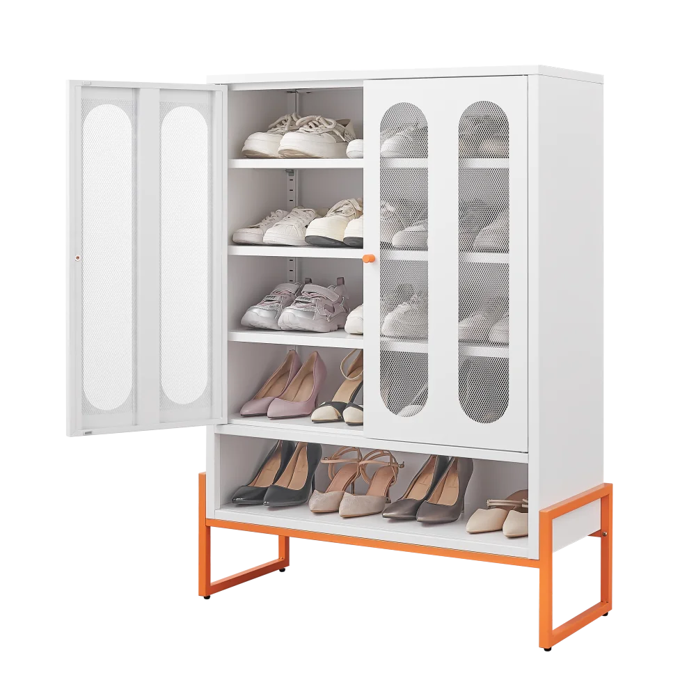 Modern Minimalist Double Door Shoe Cabinet with Adjustable Mesh Doors and High Foot Hollow Storage Cabinet Bottom