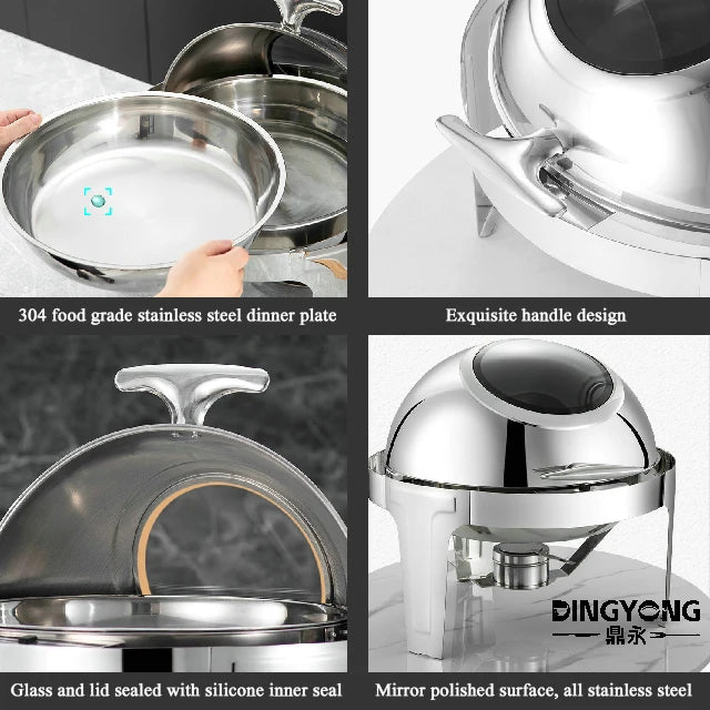 Commercial Hotel Buffet Food Warmer Stainless Steel Top Clamshell Chafing Dish Glass with Fuel Heating for Party Chafing Dishes