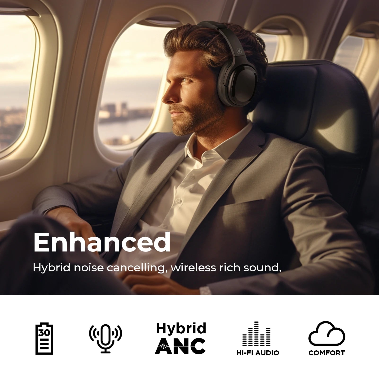 Hybrid Active Noise Cancelling Headphones ANC BT5.4 Wireless Bluetooth Headphones with Microphone Deep Bass and 30h Playtime