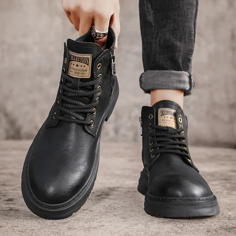 New for Martin Boots for Men Retro Casual Pu Shoes With Autumn Winter Fleece Cotton Versatile Personality