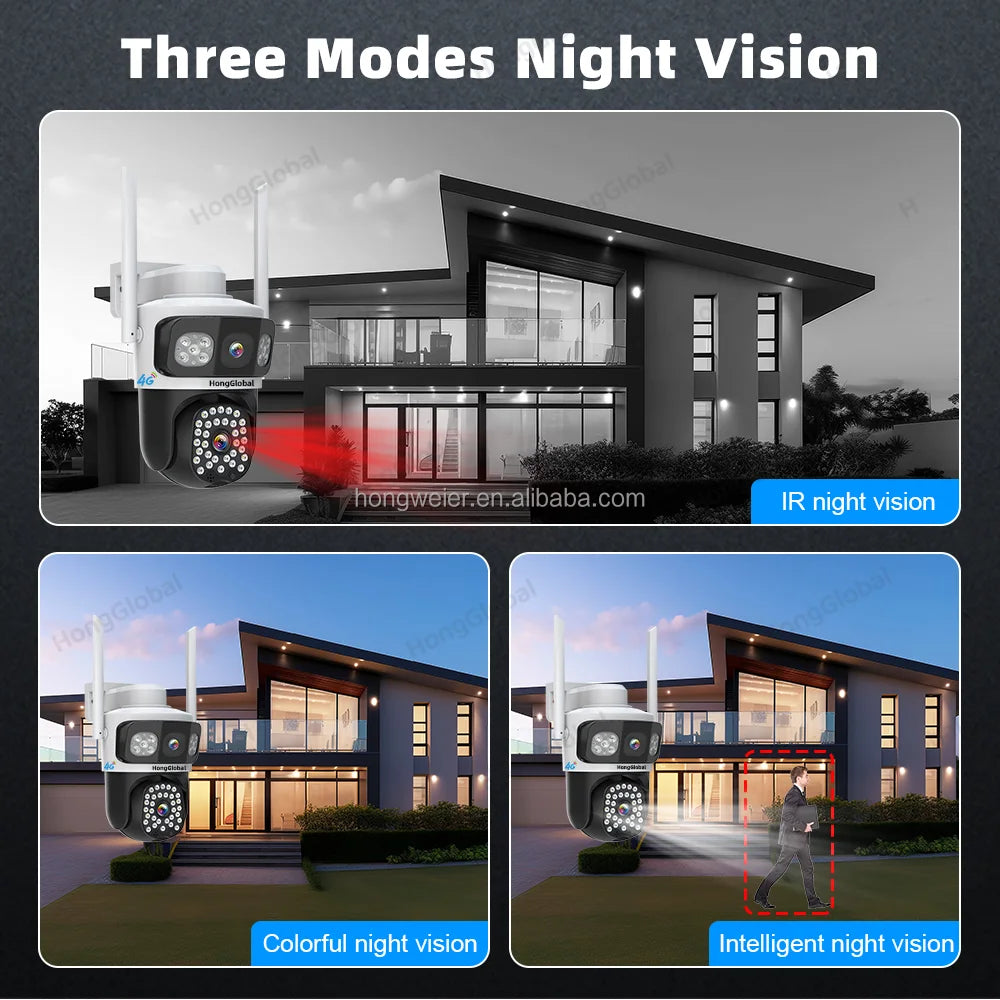 HongGlobal 6MP 3 Screen 4G LTE Surveil Home Smart Security Camera Eseecloud Dual Lens 4G Sim Card CCTV Outdoor Wireless Camera