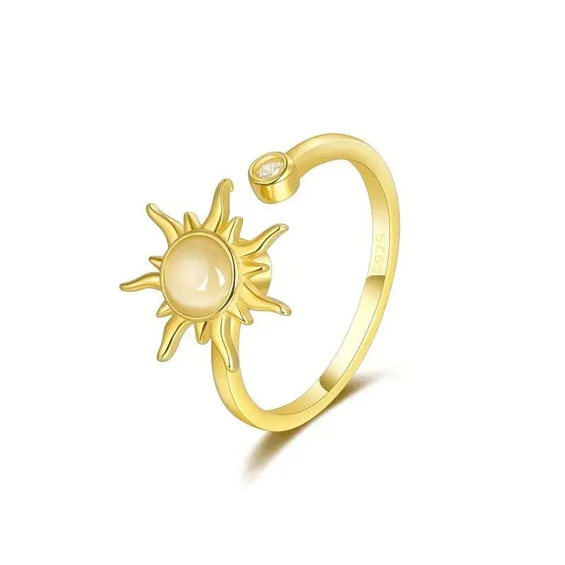 Fine Jewelry Rings Adjustable Opan Band 925 Sterling Silver Ring Moonstone Sunflower Rotating Fidget Design