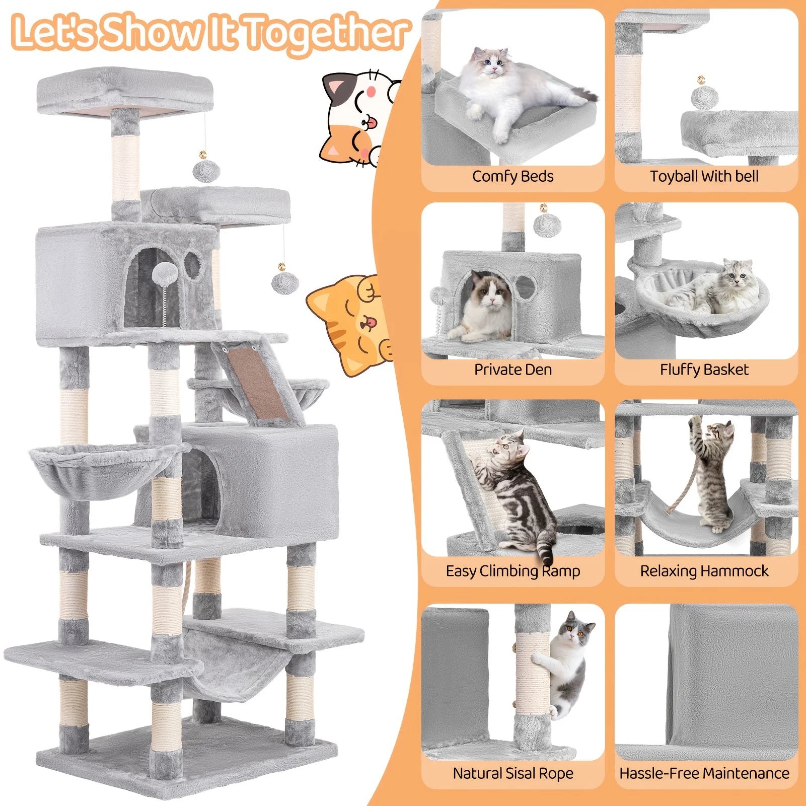 Extra-tall 67-inch Multi-tiered Tree Tower Heavy-duty Structure with Scratching Posts  Integrated cat Bed with Hanging Fur Balls
