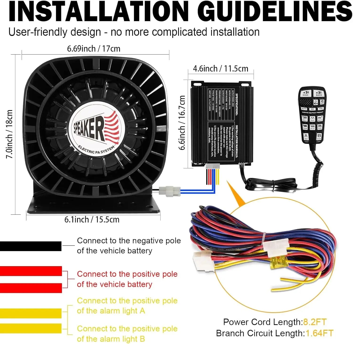 200W Emergency Polices Siren Speaker Kit Multi-Tones Extra Slim PA System for 12V Vehicles Car Alarms Handheld Microphone