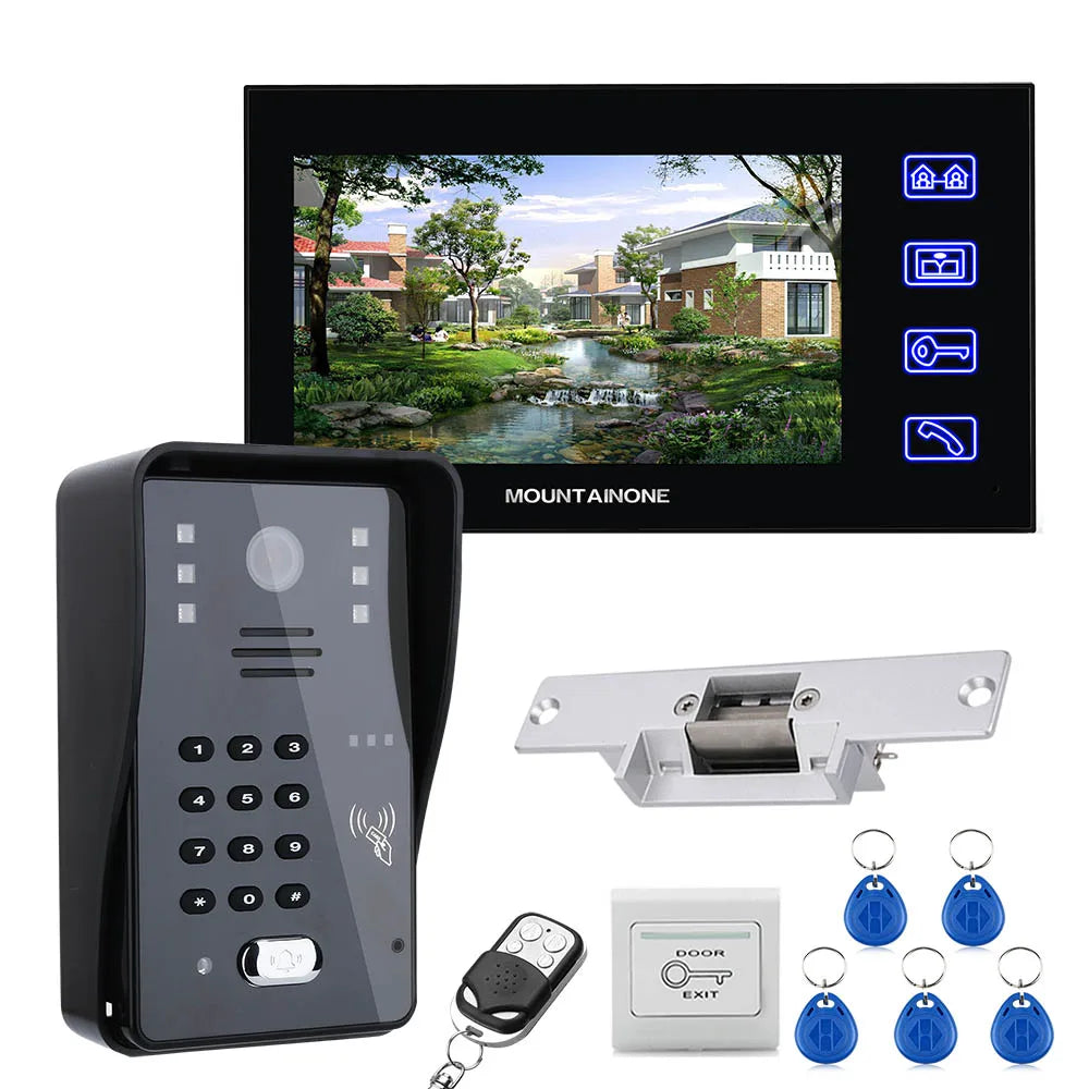 7" RFID Password Video Door Phone Intercom Doorbell With IR Camera 1000 TV Line With NO-Electric Strike Door Lock