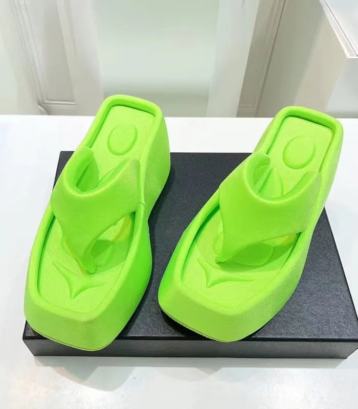 Women Spring Summer Sandals Beach Thick Sole Platform Slippers Slip-on Personalized Square Head High Wedge Flip Flops