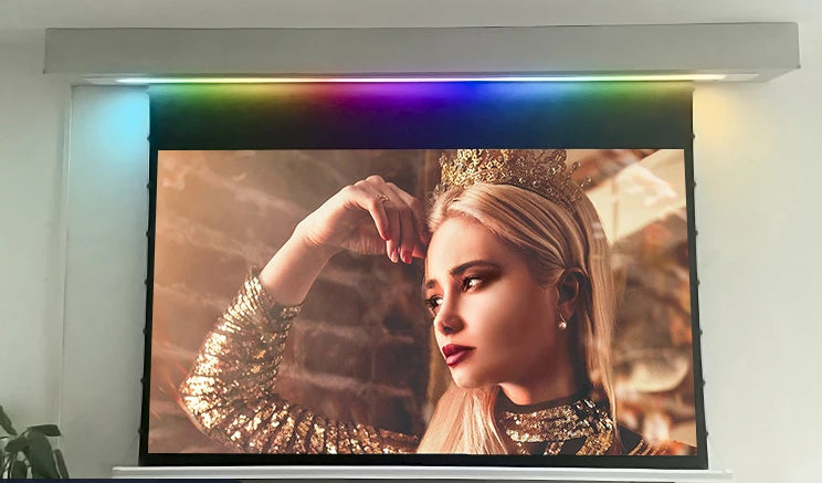 135" Multipurpose In-ceiling Projection Screen Sound-control Motorized Tab Tension Projector Screen With Smart Lights