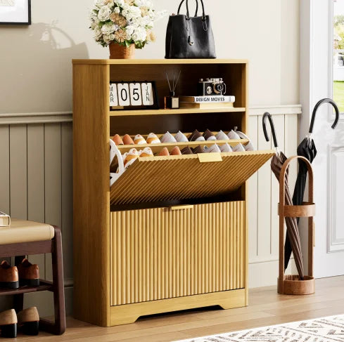 Solid Wood Modern Shoe Cabinet Storage Entryway Hidden Shoes 2 Flip Drawers Tall Free Standing Shoe Organizer Rack Foyer
