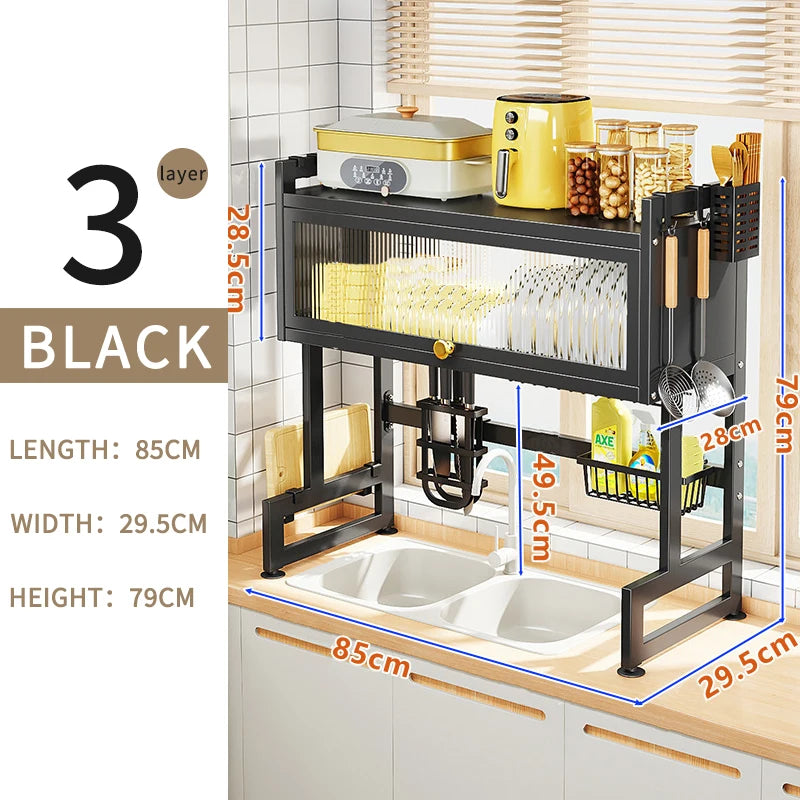 Over Sink Dish Drainer Drying Rack Removable 3 Tier Large Cutlery Shelf  with Dustproof Cover Kitchen Storage Counter Organizers