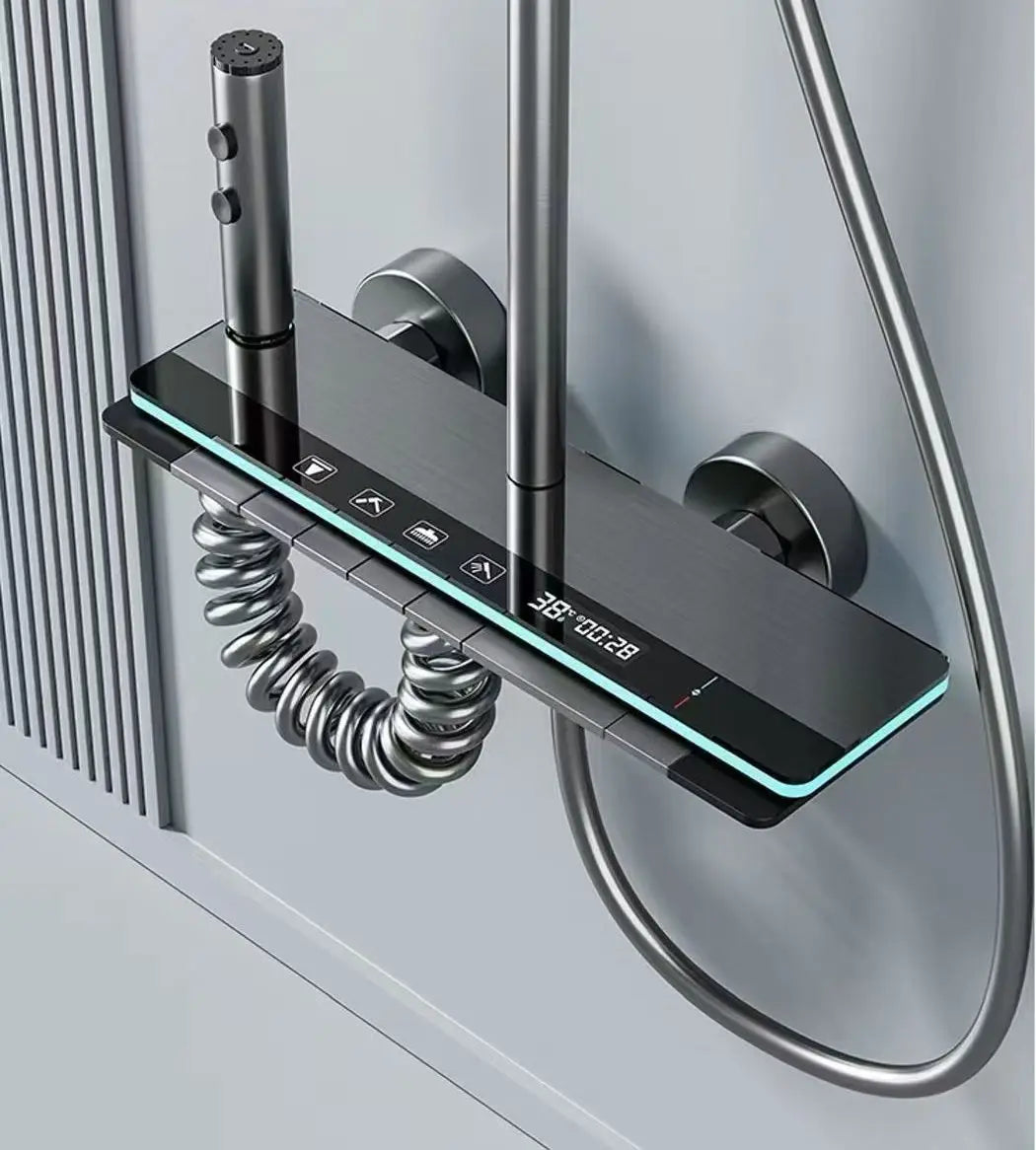 Intelligent LED Display Thermostatic Shower Set Black Piano Keys Bath Faucet System Soft Rainfall Ceramic Jet Massage Apartment