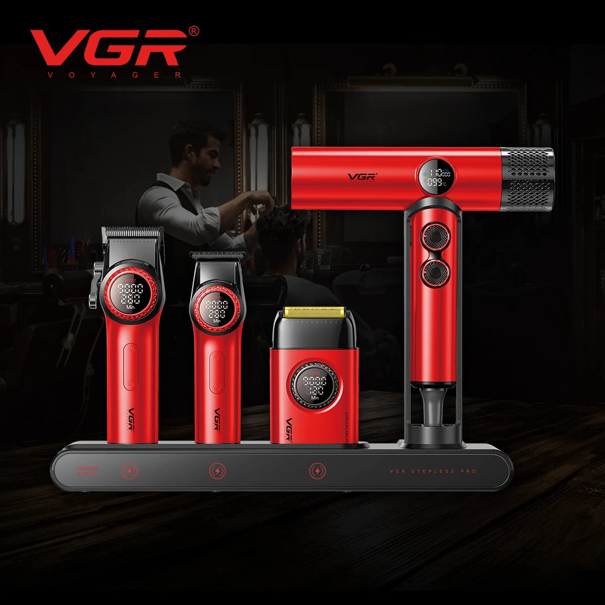 VGR 4IN1 Steplerss PRO 9000RPM Hair Clipper Trimmer Hair Dryer 11000RPM High Speed Professional Barber Tools Kit