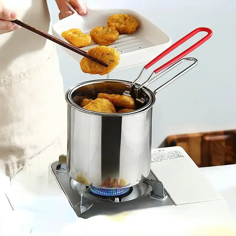 Stainless Steel Oil Fryer Frying Basket Household Tempura Mini Oil Pot Temperature Control Deep Pot Filter Kitchen Gadget