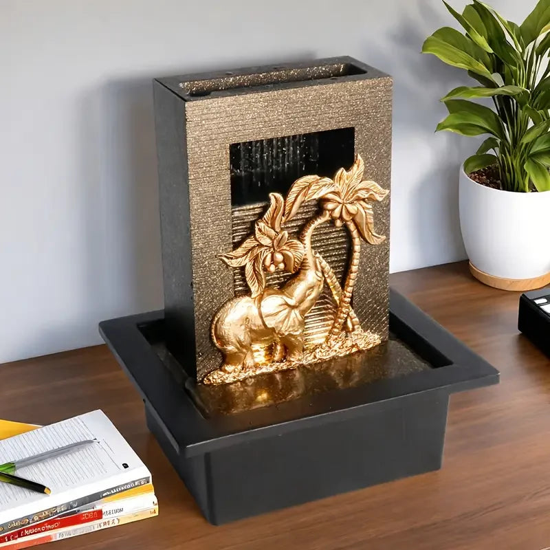 Indoor Elephant Desktop Fountain and Waterfall, Golden Elephant Waterfall Decoration, Perfect for Home Display on TV Stands