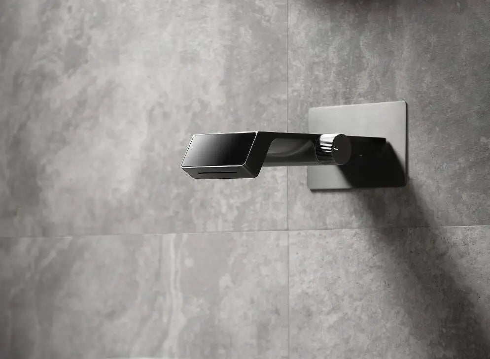New Trend Wall Mounted Gun Gray Waterfall Lavatory Sink Smart Faucet Mixer Tap with Digital Temperature Display