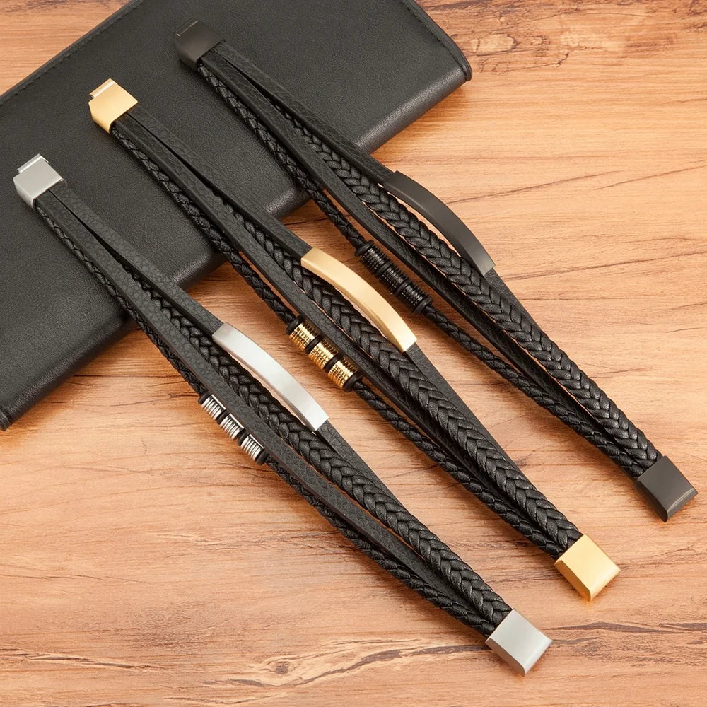 New Stainless Steel Black Multilayer Genuine Leather Bracelet for Men Magnetic Clasp Button Vintage Male Braid Bangle Jewelry