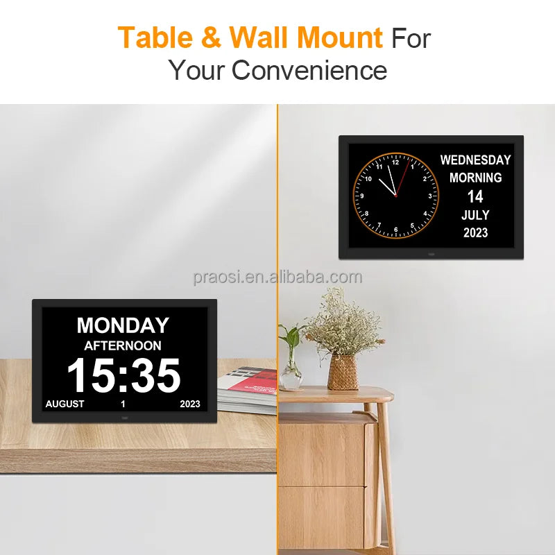 Pros 15 Inch Digital Calendar Day Clock Large Display Analogue Seniors Dementia Clock Auto DST Medication Reminder Custom Alarms