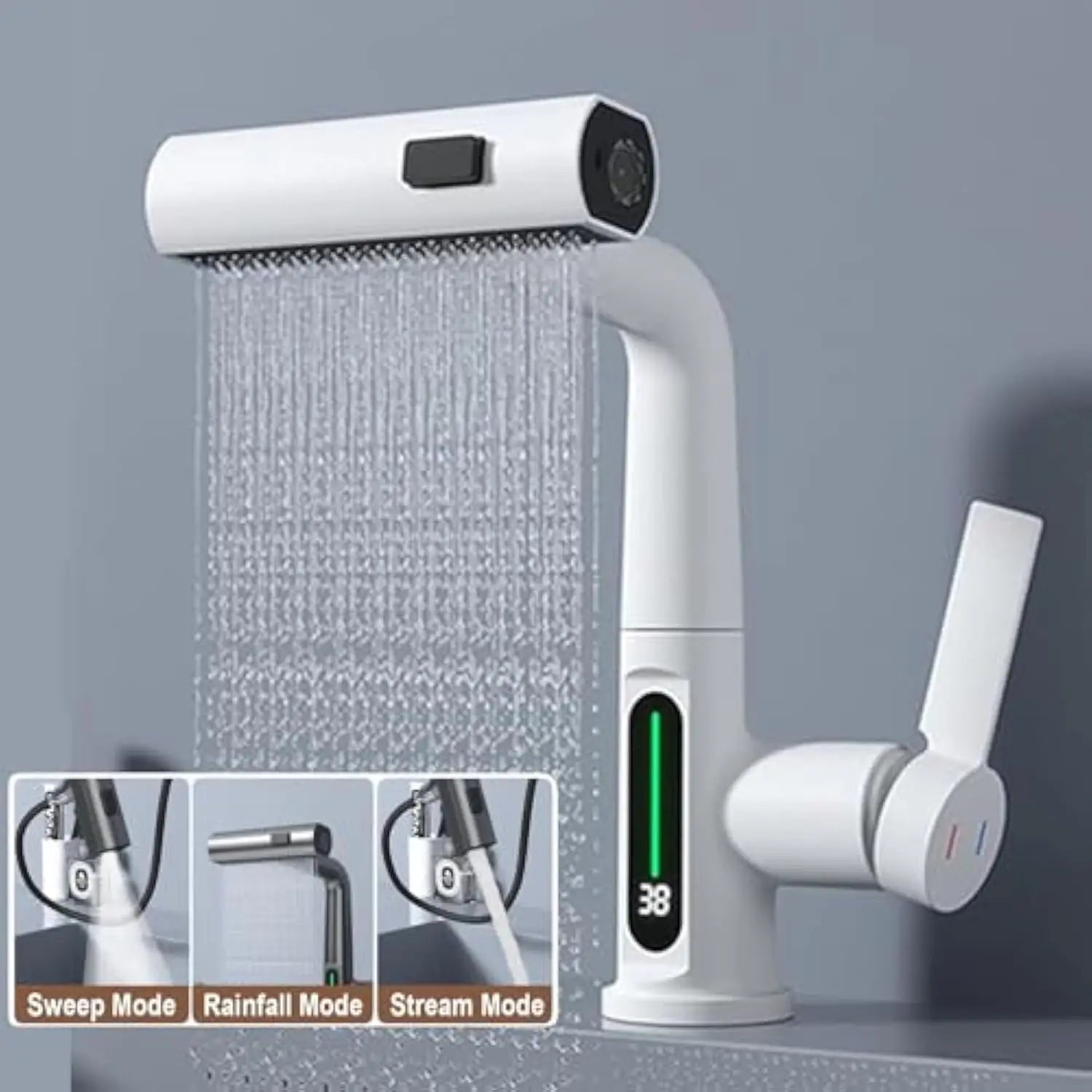 Synchro Modern Bathroom Sink Faucet with LED Temperature Display, 360° Rotation, Waterfall Spout & Pull-Out Sprayer (Hot/Cold)