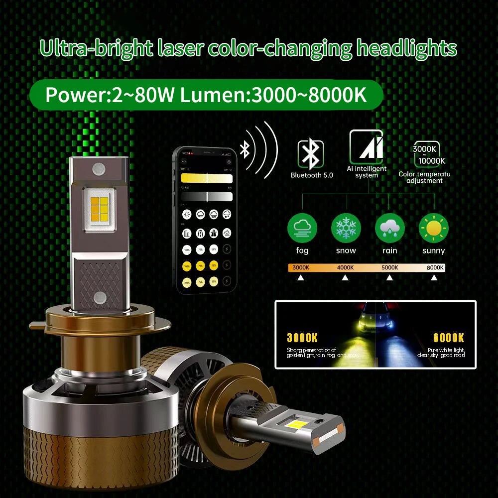 For Infitary AI Smart 80W LED Headlight Bulb APP Control Bluetooth5.0 3000K 8000K H4 H7 H11 9005 9006 Car LED Light 80W APP New