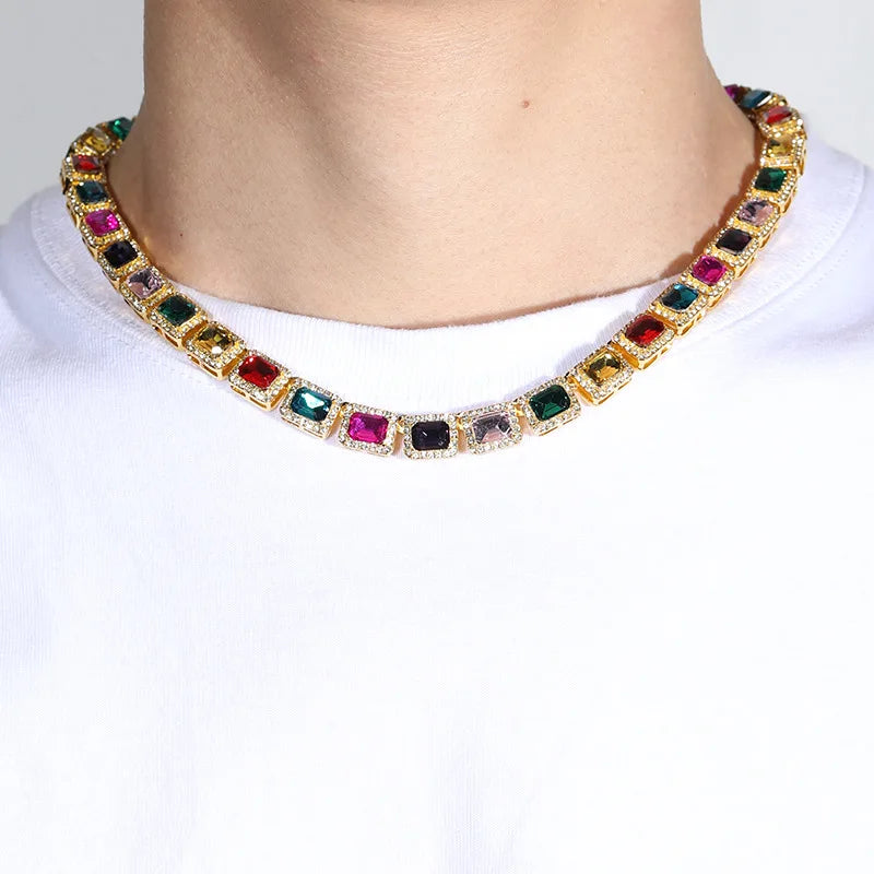 2025 Ladies Hip Hop Silver/gold Zircon Box Rainbow Color Cz Diamond Tennis Cuban Link Chain Choker Necklaces and Bracelets 10mm