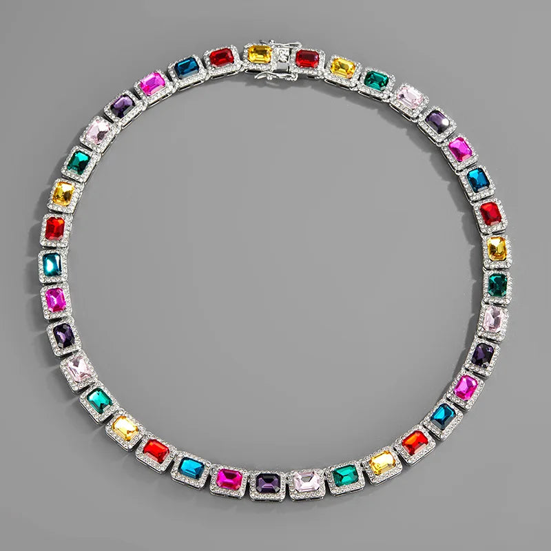 2025 Ladies Hip Hop Silver/gold Zircon Box Rainbow Color Cz Diamond Tennis Cuban Link Chain Choker Necklaces and Bracelets 10mm