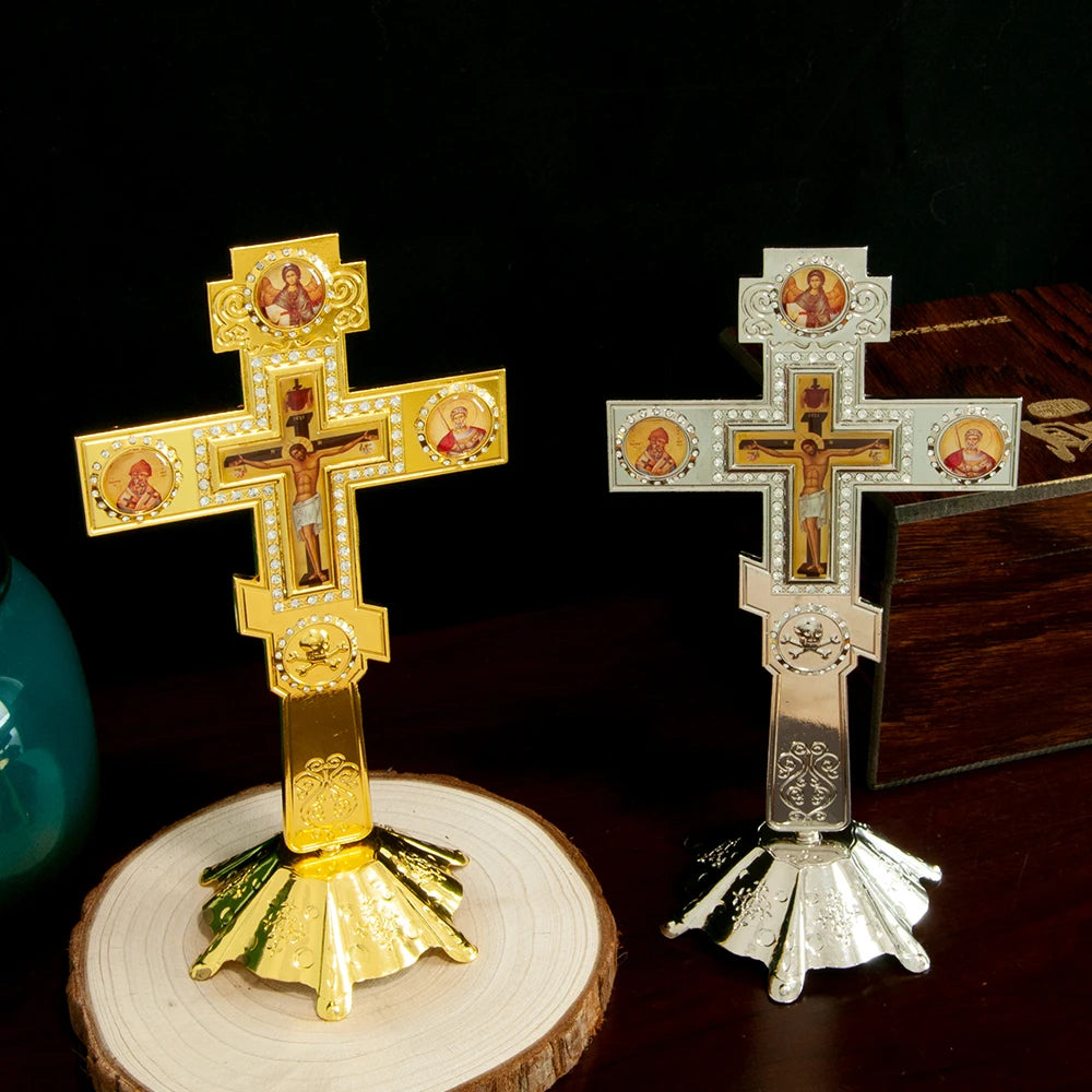 Orthodox Church Blessing Cross With Stand for Church Decoration Gold Planting Jesus Crucifix Image Religion Gift Altar Cross