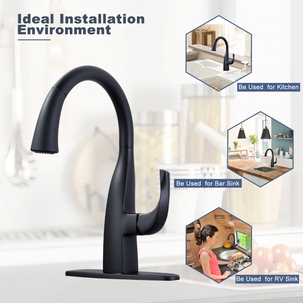 Matte Black Kitchen Water Faucets with Pull Down Sprayer Laundry Sink Faucet Single Handle Gooseneck Pull Out Kitchen Faucets