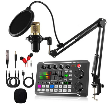 Podcast Equipment Bundle Sound Card DJ Mixer Portable ALL-IN-ONE Podcast Production Studio Sound Board with Condenser Microphone