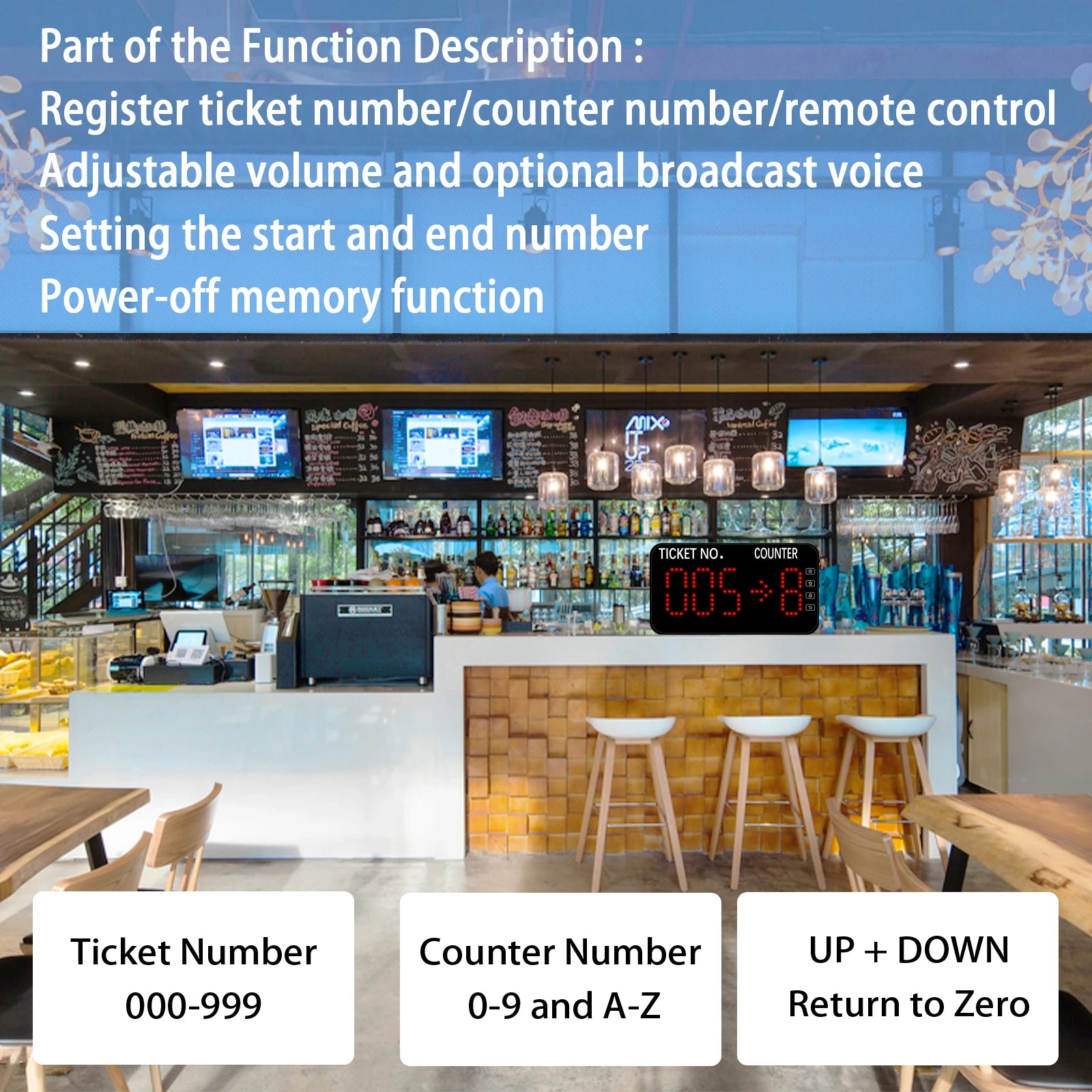 Take a Number Machine Wireless Queue Management System 3pcs NEXT Control Call Button & 1 Counter Display English Voice Broadcast