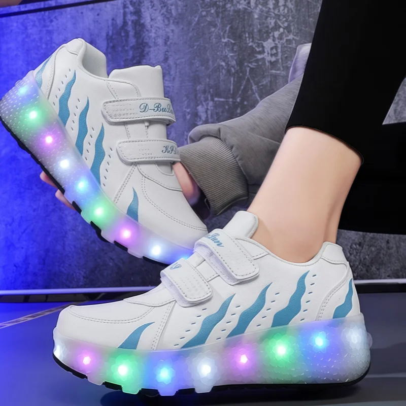 Ponerait Boys and Girls Sport Shoes LED Light Luminous Walking Shoes with Wear-Resistant Pulley Children's Two-Wheel Wearable
