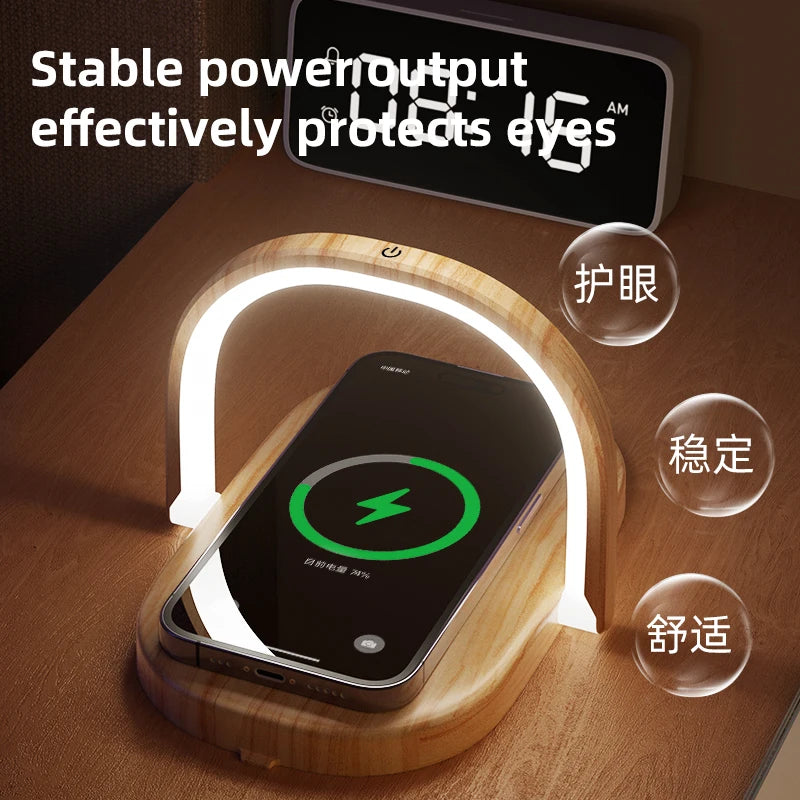 2024 Hot  Led Table Desk Lamp With Phone Wireless Chargers Stand 15w Fast Wireless Phone Charger Lamp Wooden Holder