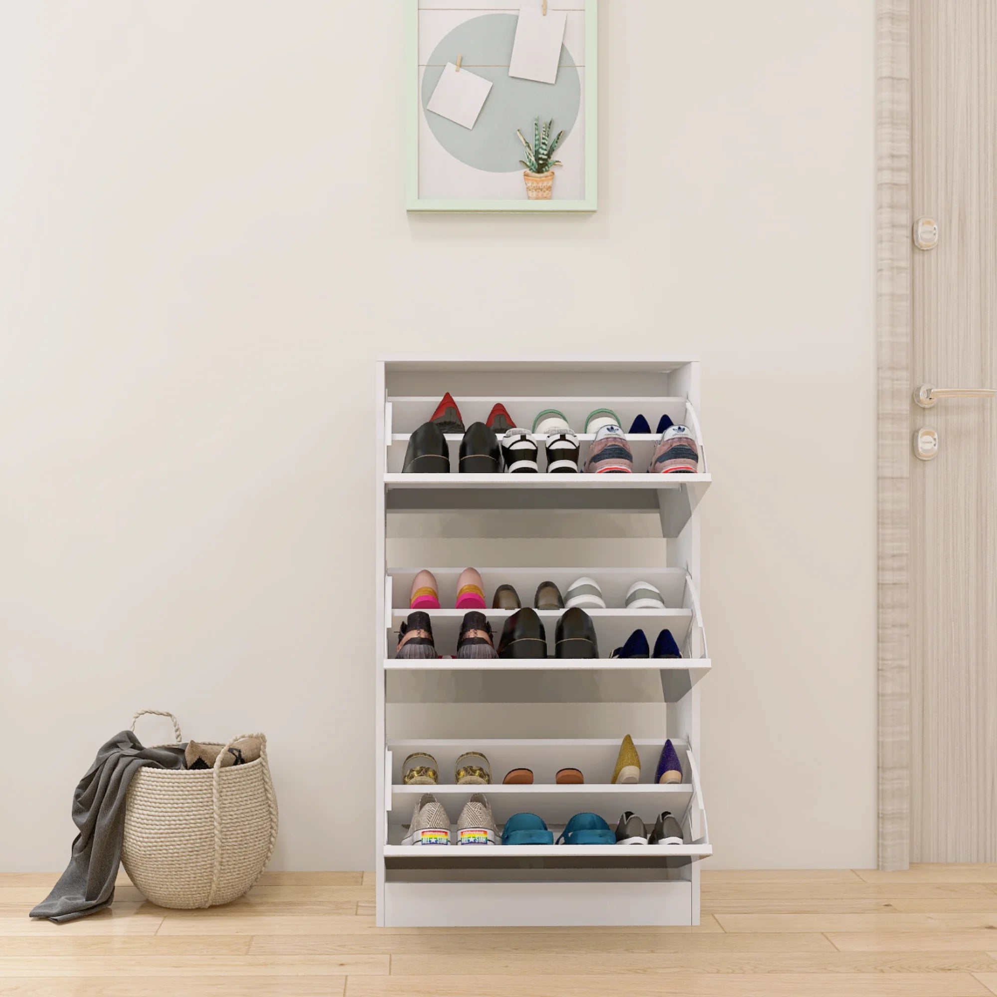 Modern Narrow Convertible Shoe Storage Cabinet Mirror MDF+Glass Slim 3-Tier Shoe Rack for Living Room Apartment Home Furniture