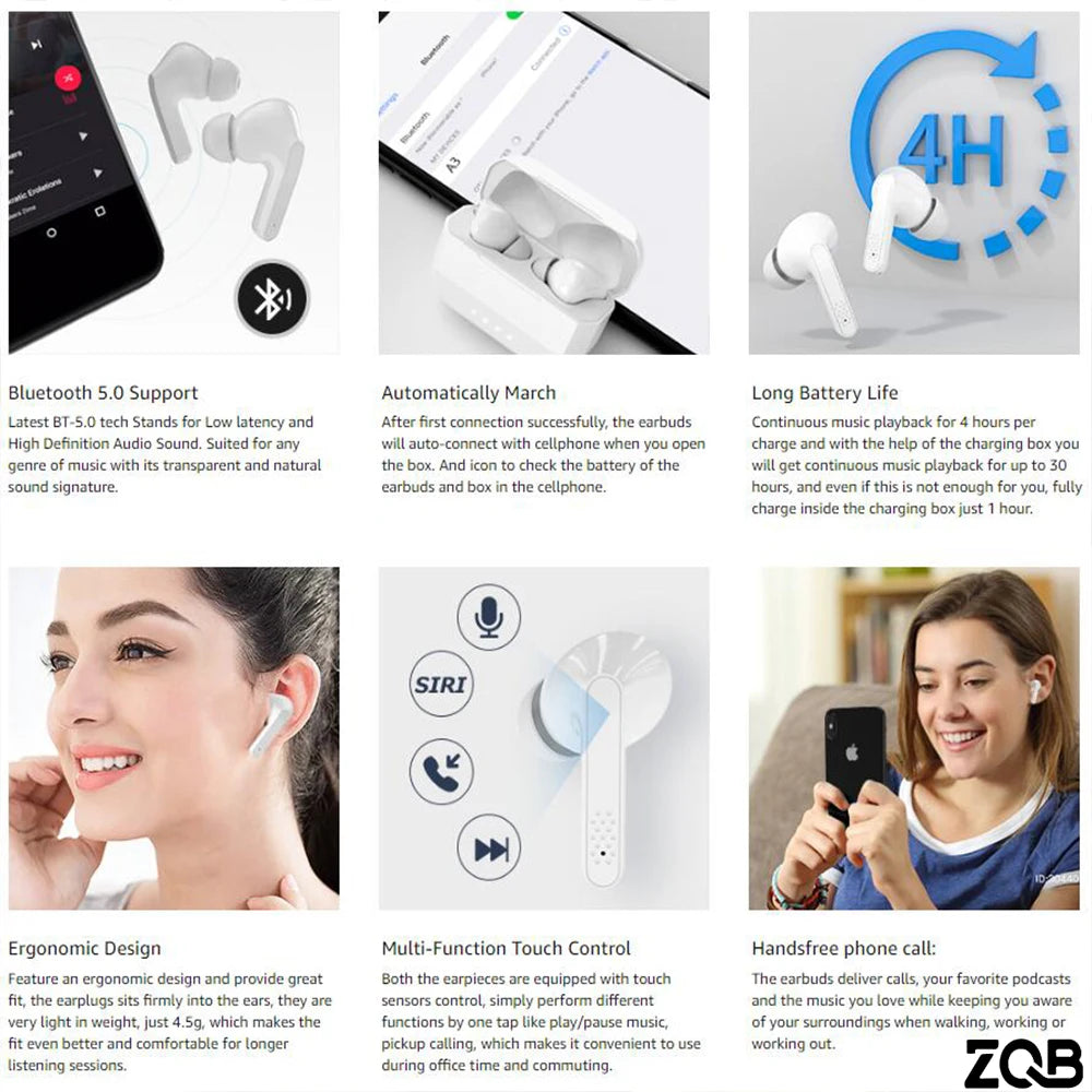ZQB Best Selling A3 Wireless Bluetooth Earbuds TWS In-Ear Headphones with LED Battery Indicator and JL Chipset