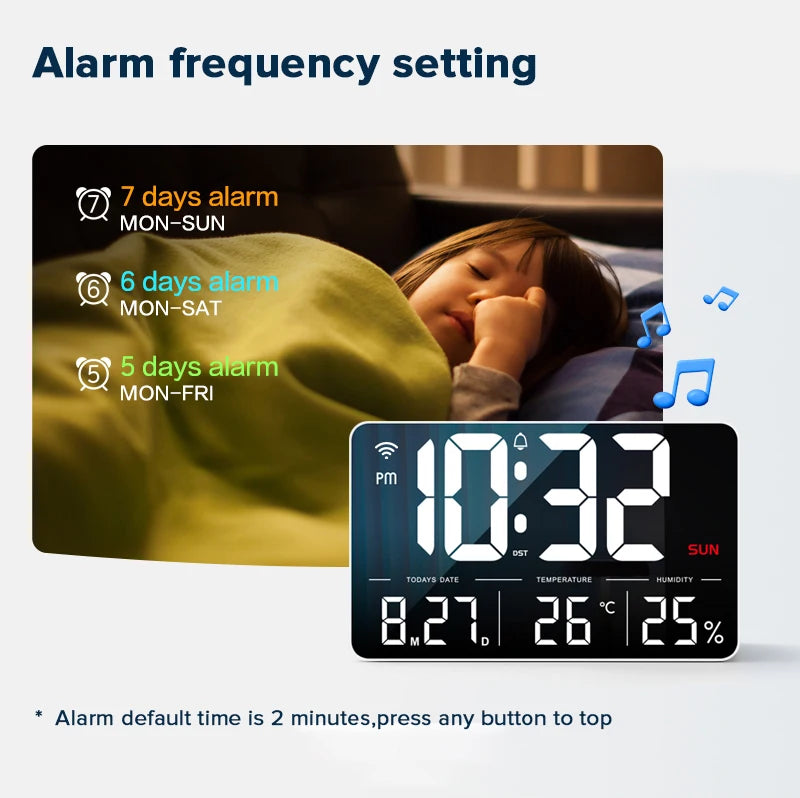 Digital LCD 13inch Mobile Phone App Operation Day Date Temperature Humidity WiFi Weather Desktop and Wall Alarm Clock