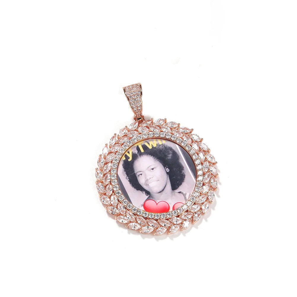Bling CZ Custom Circle Sublimation Photo Pendant Hip Hop Picture Pendant Necklace With Tennis Chain Rope Chain