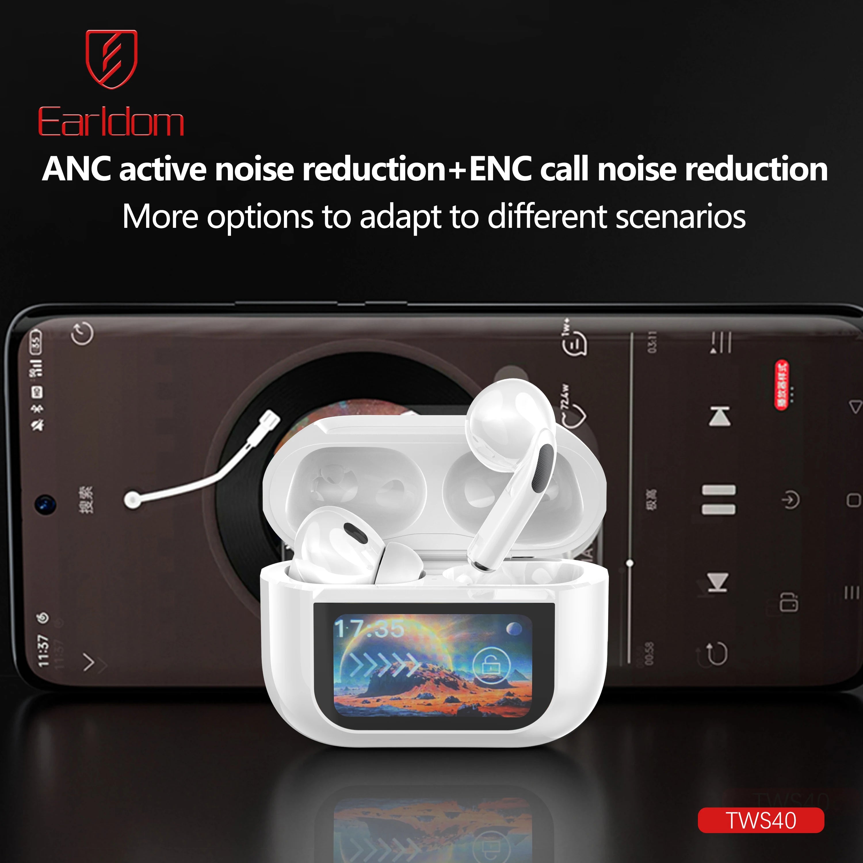 Earldom ANC ENC Tws Earbuds with Digital LCD Touch Control Screen Wireless In-Ear Headphones High Quality Noise Cancelling
