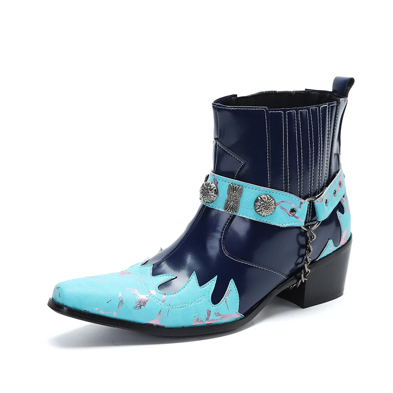 NA444 Personality Men's Genuine Leather Ankle Boots for Party and Wedding Botas Hombre High Heels Blue Navy Boots for Men