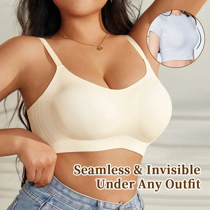 Women Plus Size Wireless Bra Thin Padding Soft Support Lifting Seamless V Neck Backless Minimizer