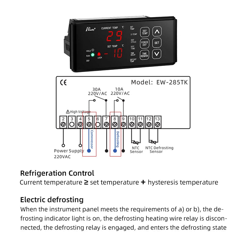 Touch Control Industrial Digital Freezer Refrigerator Parts Defrost Thermostat EW-285TK Temperature Controller