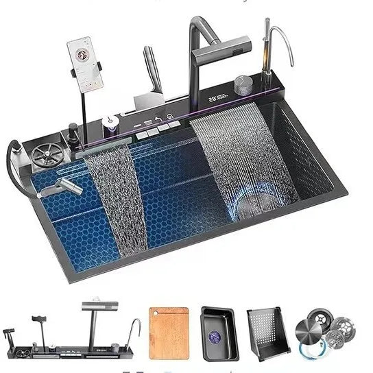 Kitchen Faucet and Sink Set LED Digital Display With Pull-Out Faucet Stainless Steel Kitchen Sinks