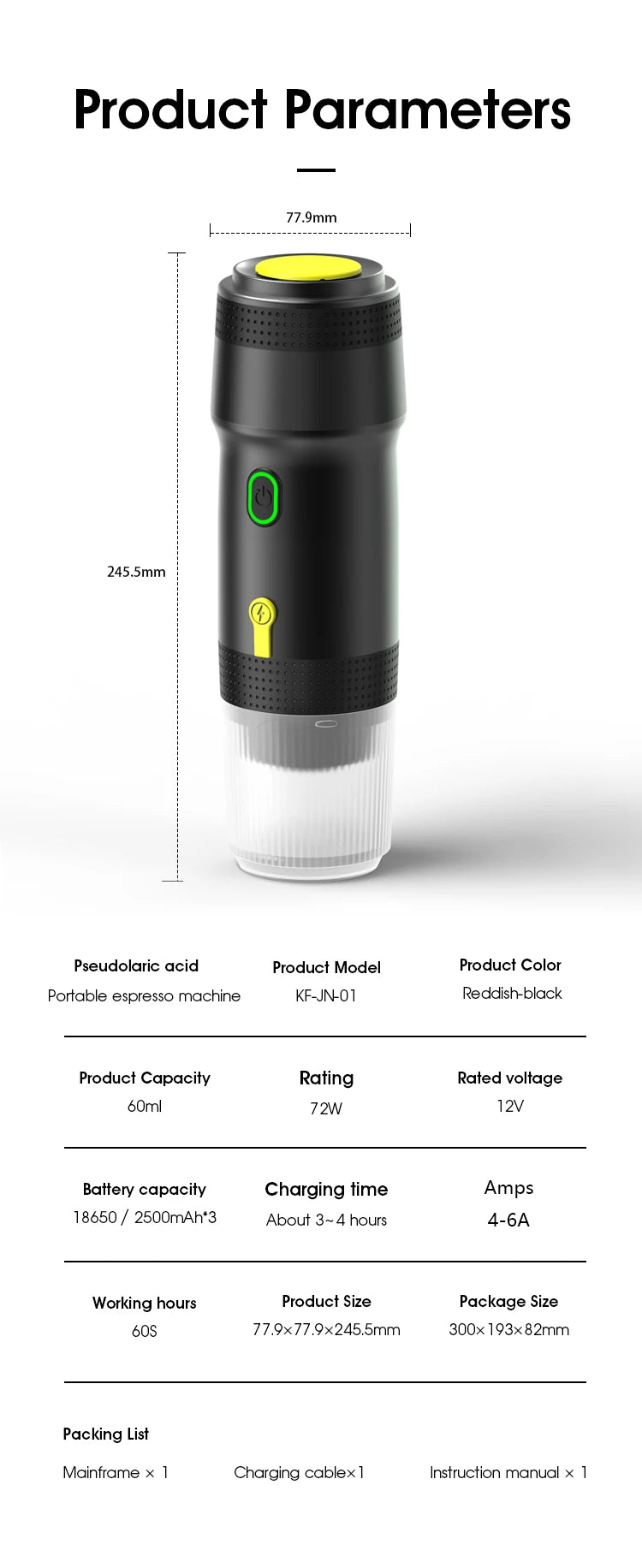 Self Heating Electric Battery Powered 20 Bar Portable USB-C Chargeable Capsule Mini Espresso Machine Travel-Friendly