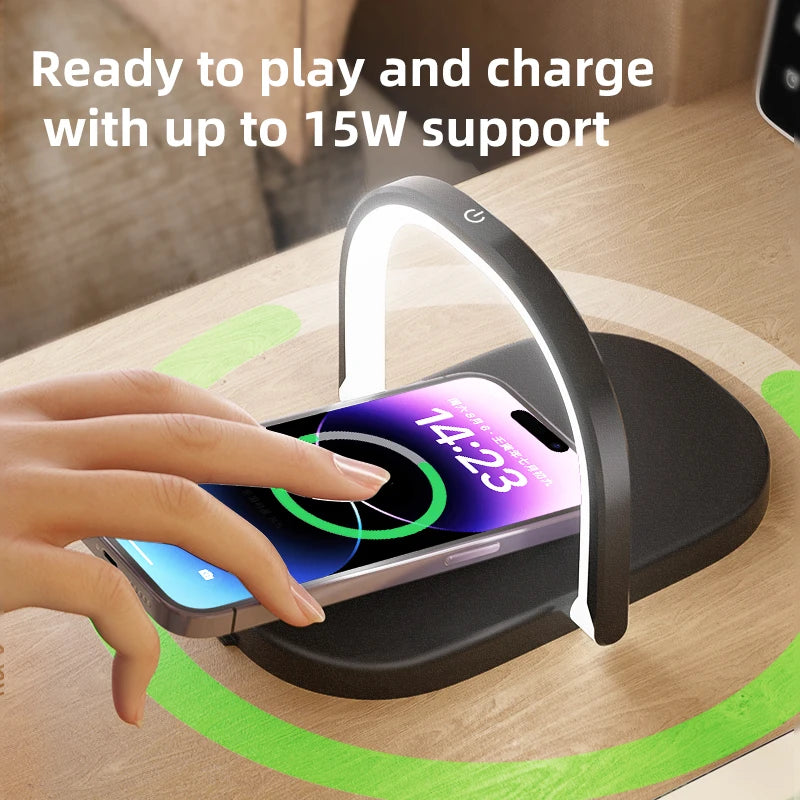 2024 Hot  Led Table Desk Lamp With Phone Wireless Chargers Stand 15w Fast Wireless Phone Charger Lamp Wooden Holder