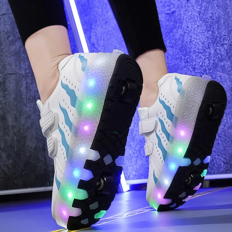 Ponerait Boys and Girls Sport Shoes LED Light Luminous Walking Shoes with Wear-Resistant Pulley Children's Two-Wheel Wearable