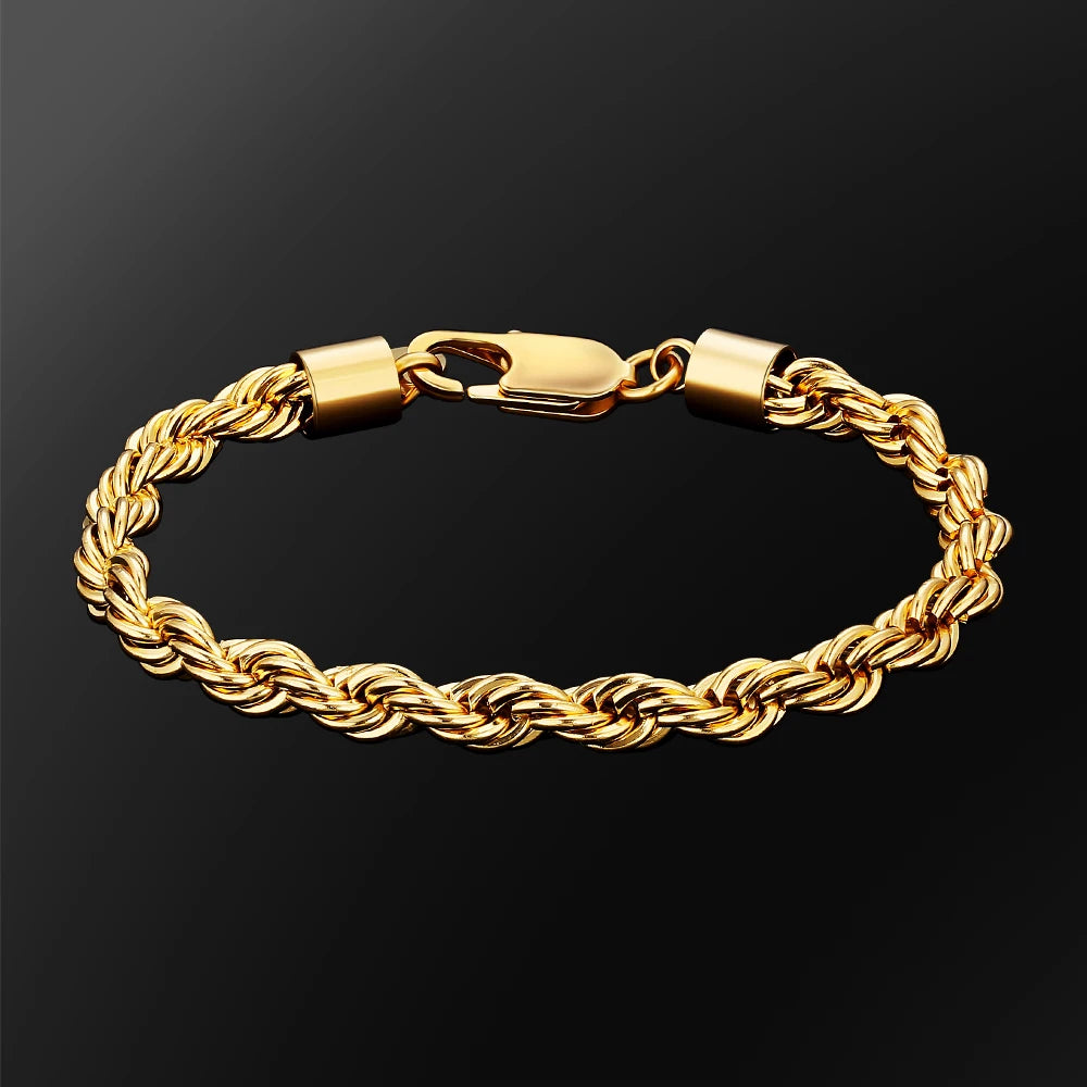 MEN Hip Hop Rope Link Chain PVD 18K Real Gold Plated Stainless Steel Jewelry Gifts Women 6MM Thick Woven Twisted Rope Bracelet