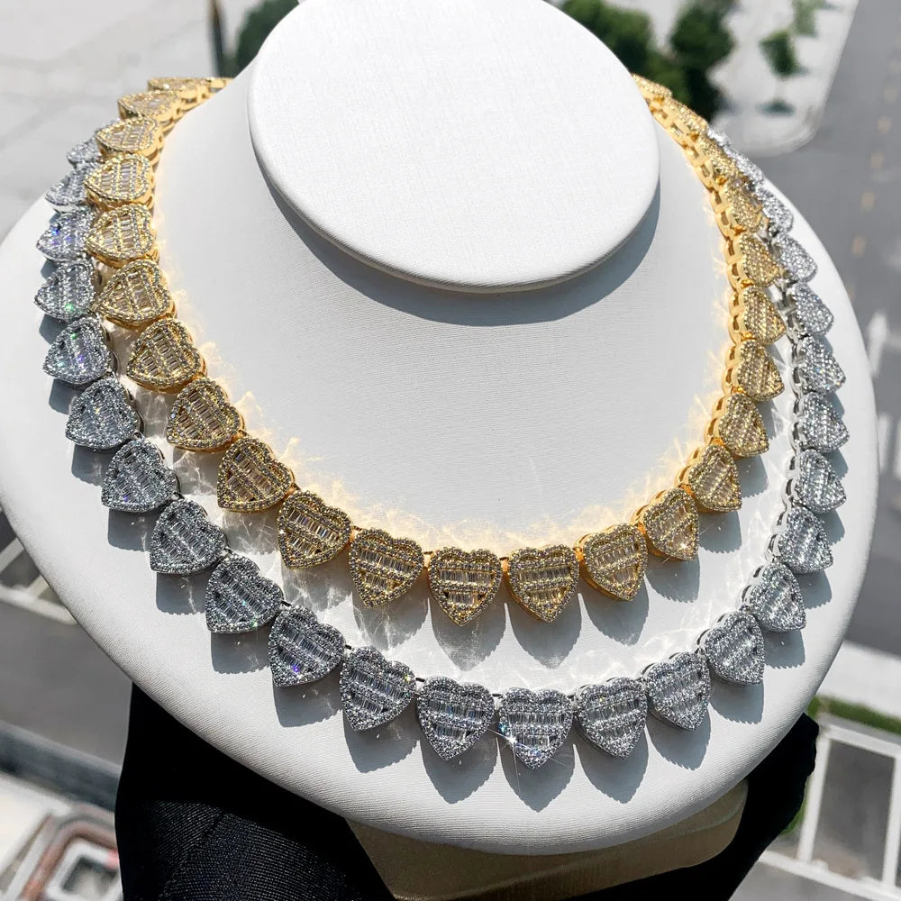 Fashion Bling Bling Baguette Stones Heart Necklace Iced Out Baguette Necklace Full CZ Brass 18K Gold Plated Gift Jewelry