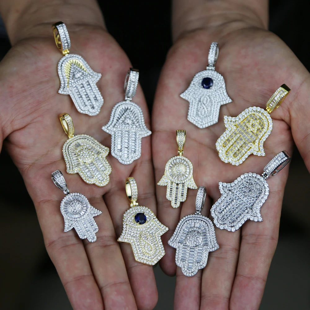 Hamsa Hand Pendant Collection Micro Pave 5a Cz Hip Hop Men Bling Lucky Turkish Jewelry Necklace