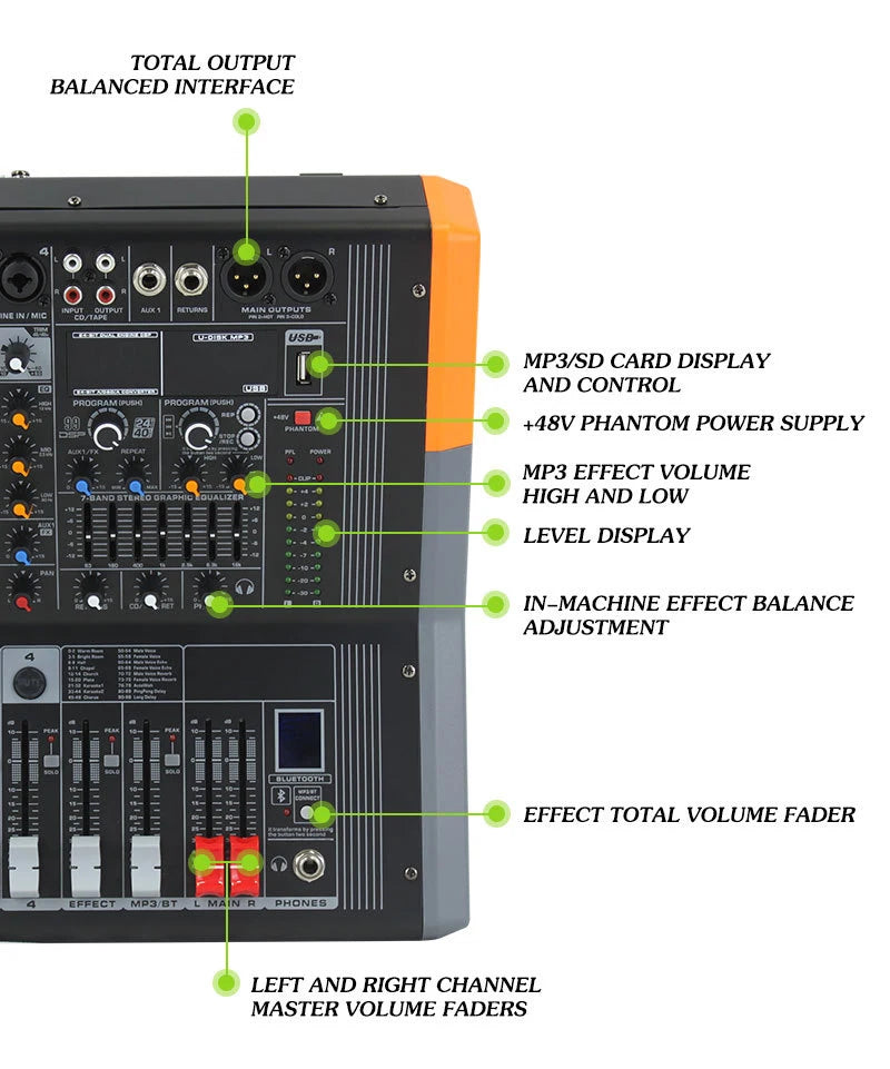 GAX-EP4 4/6/8 Channel Professional Power Mixer Build in Amplifier 600 Watts 99 DSP Effects