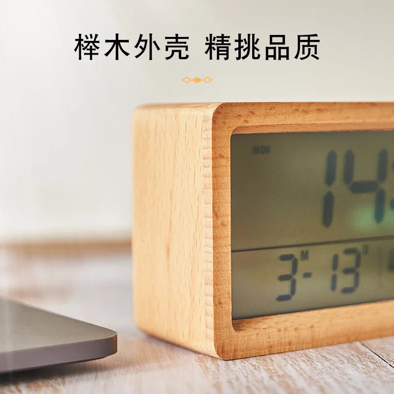 Huayang's New Solid Wood Clock With Simple Temperature And Humidity 1906 Night Light Bedside , Large Screen LCD Wooden Alar