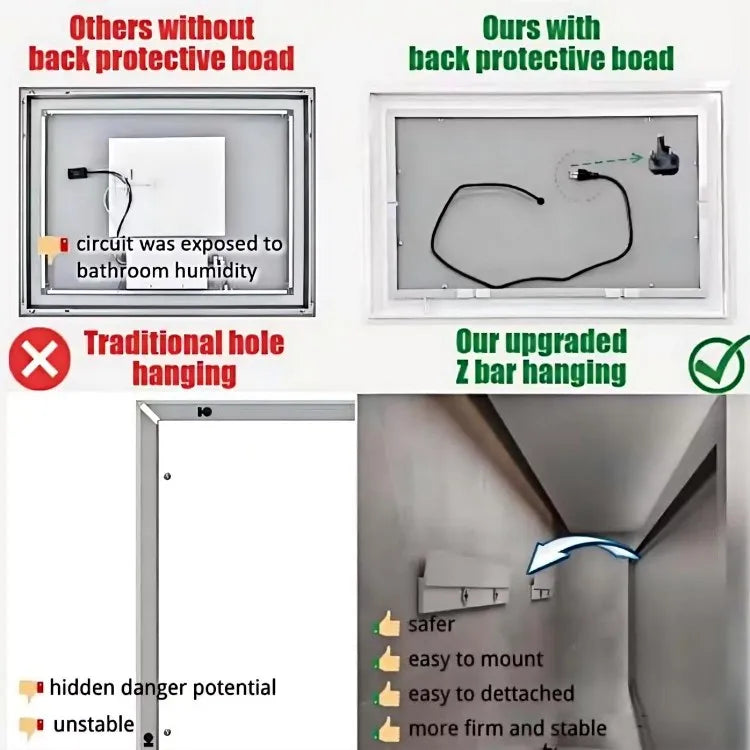 High-Quality Right Angle Black Frame Bathroom Mirror Featuring Front Back Illumination with Energy Efficient LED