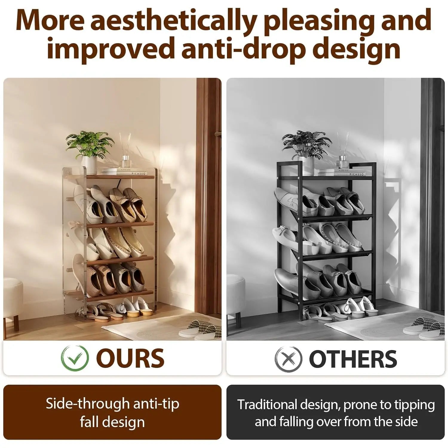 Free Standing Solid Wood 4-Tier Slanted Shoe Rack for Small Spaces Entryway & Front Door Garage Modern Design Style